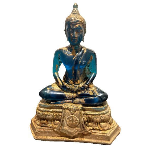 5” Buddha Vintage Blue-Gold Lucite Resin Meditation Sitting Statue Figure - Picture 1 of 4
